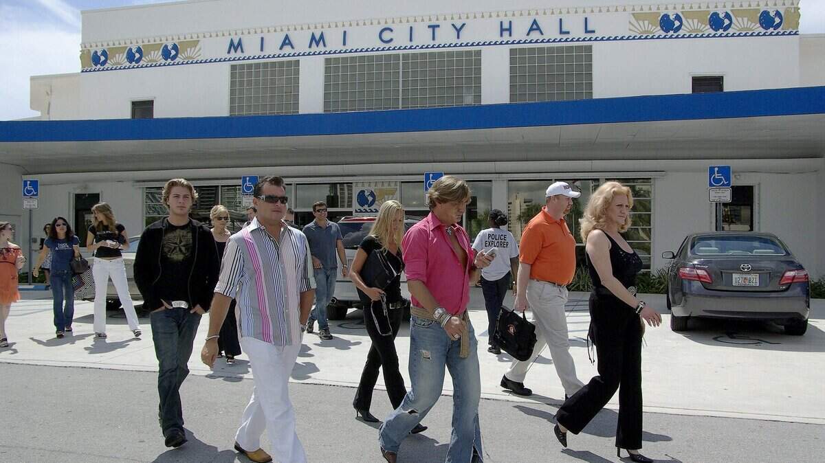 In 2008, supporters of the film industry in Miami and the show “Burn Notice” head back to the Coconut Grove Convention Center at Dinner Key from City Hall.